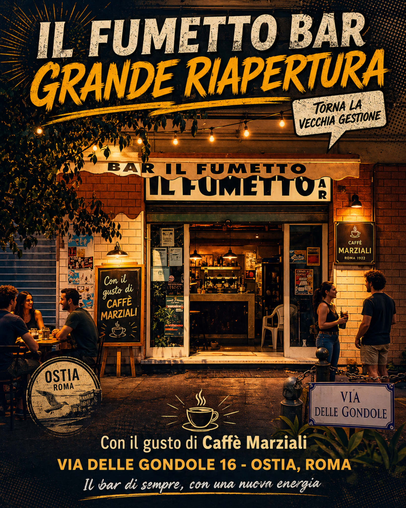 Locandina colorata della riapertura del Fumetto Bar